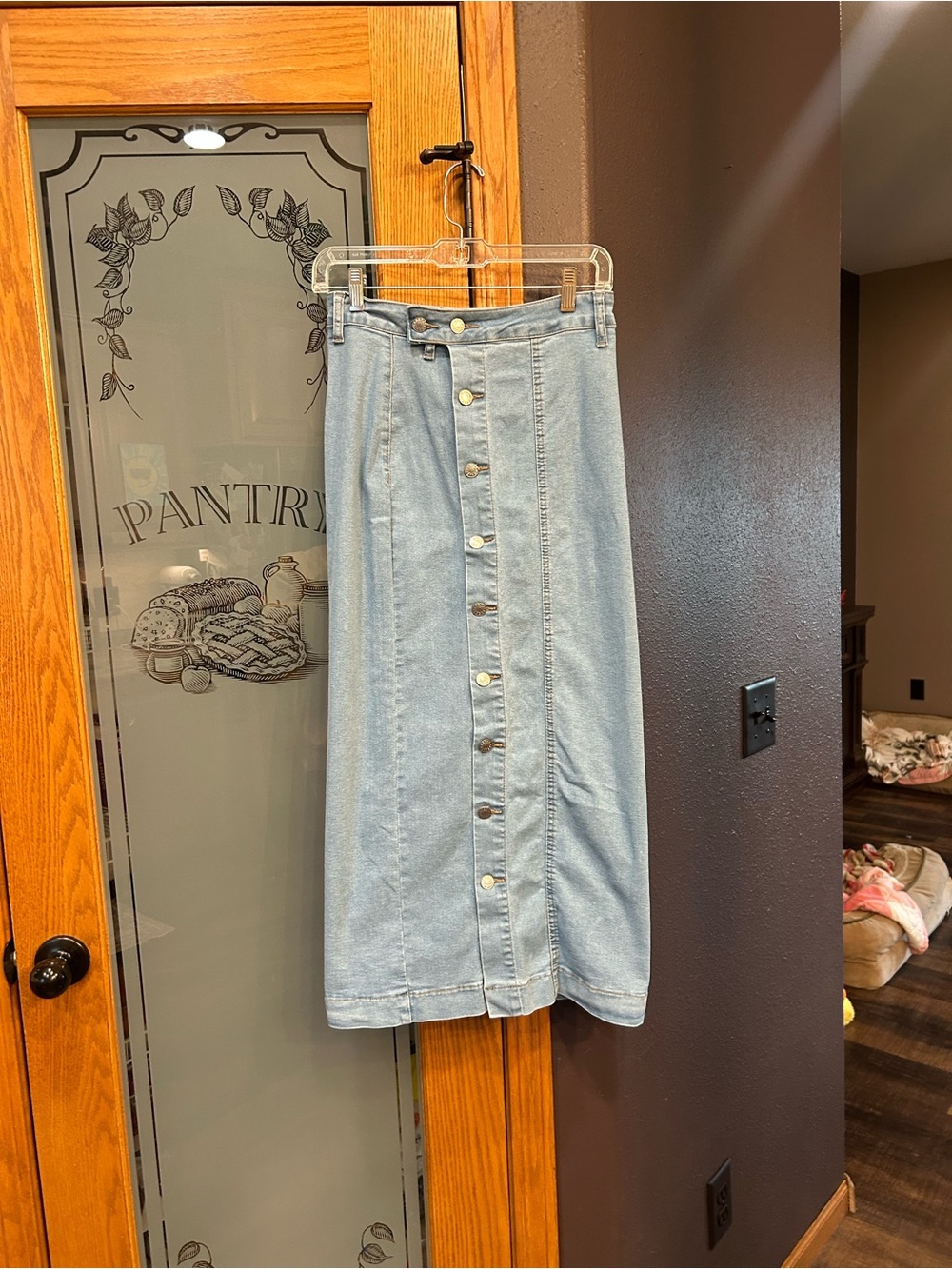 Light Wash Button-Front Denim Midi Skirt